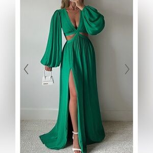 Showpo Green Pleated Gown with Bishop Sleeves